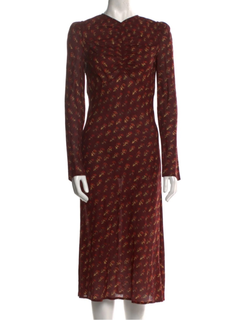 Dôen Burgundy Midi Dress with Mustard Floral Motif